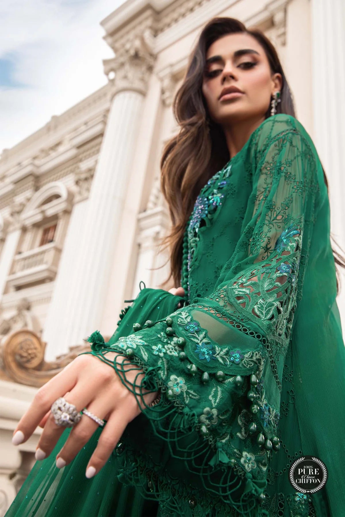 Maria.B Unstitched Chiffon Embroidered Suit Unstitched MPC-23-108 Emerald Green D8