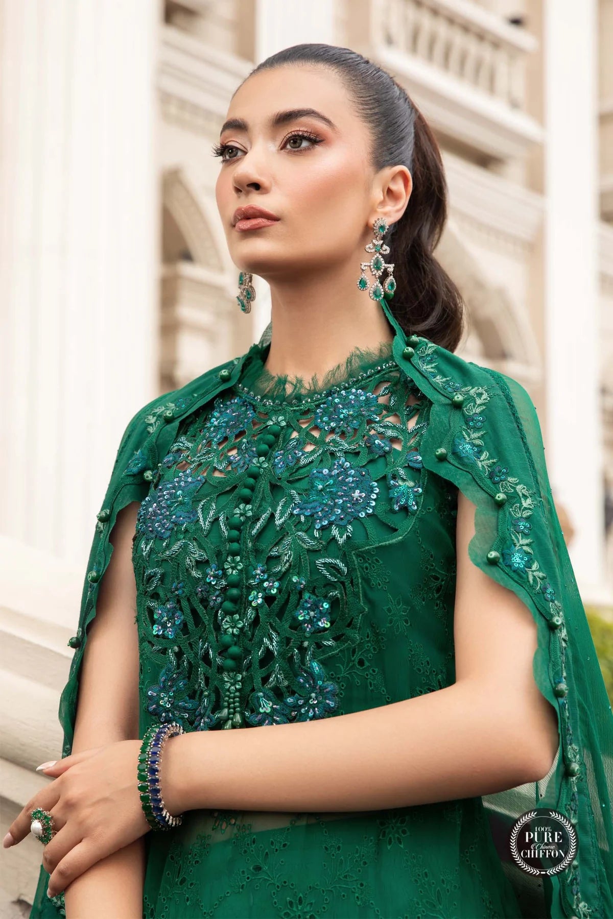 Maria.B Unstitched Chiffon Embroidered Suit Unstitched MPC-23-108 Emerald Green D8