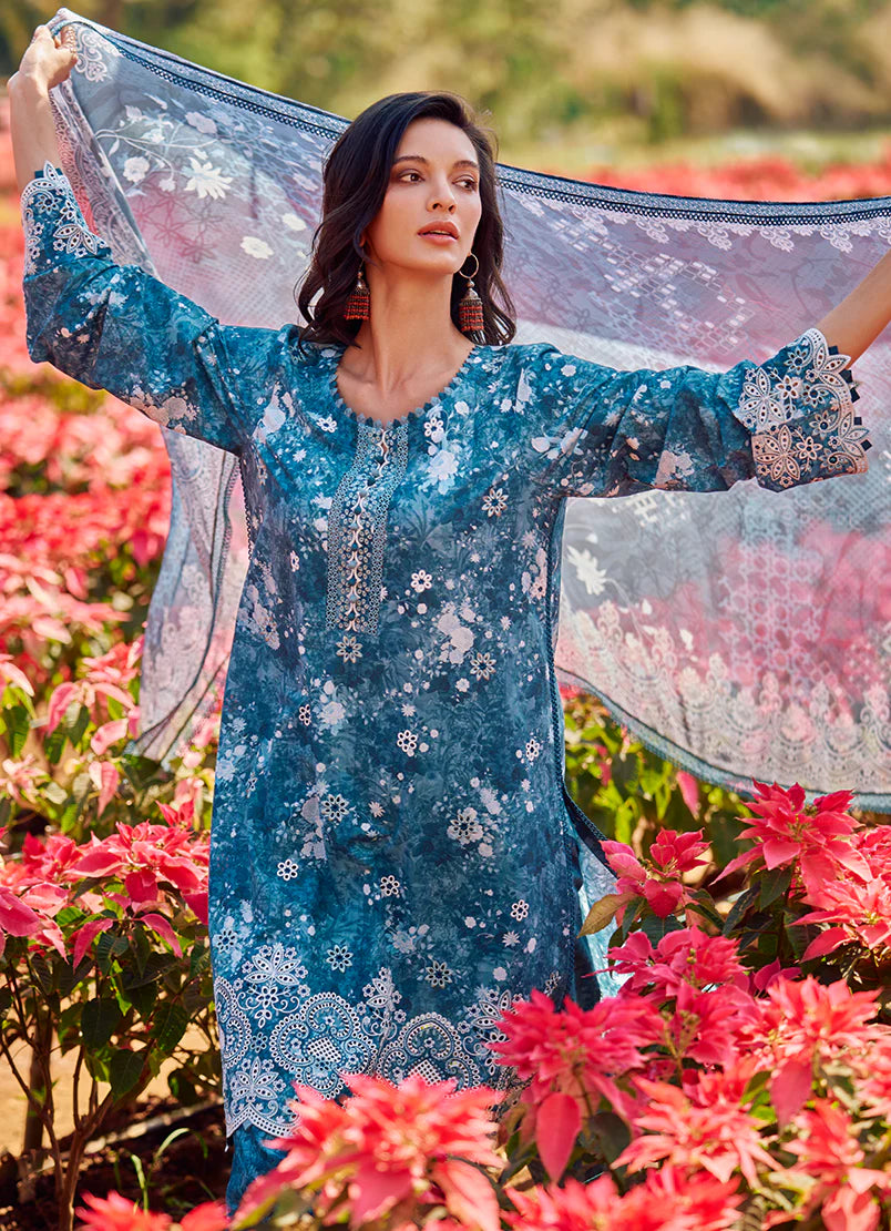 Image Samira Teal Blue Printed Lawn 3 Piece Unstitched Smaira 24