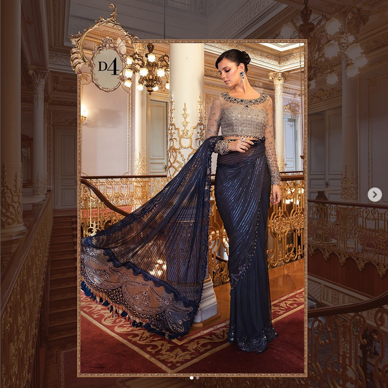 Maria.B Embroidered Chiffon Unstitched Saree D-04 - Wedding Collection Ink Blue and Coffee BDS-2004