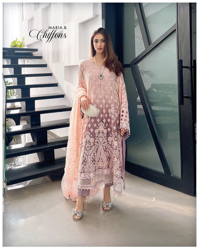 Maria.B Unstitched 3 Pieces Chiffon Embroidered Suit MPC-23-103 Lilac Pure Chiffon