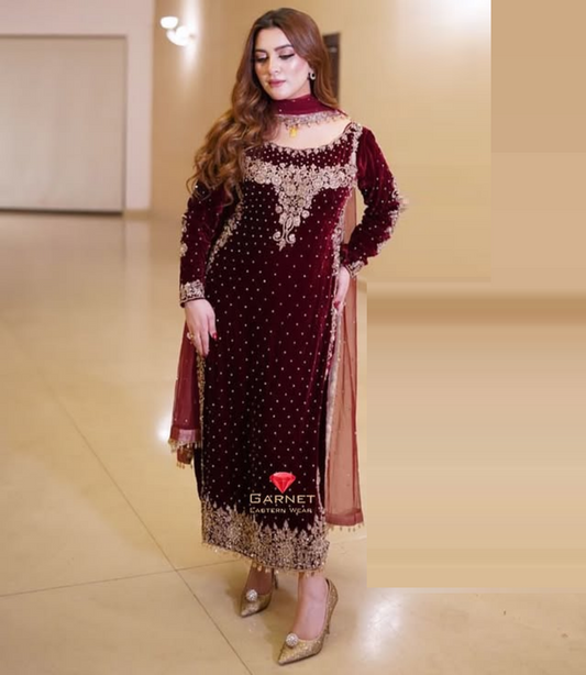 Poshkari Luxury Velvet Embroidered Collection Maroon Majesty