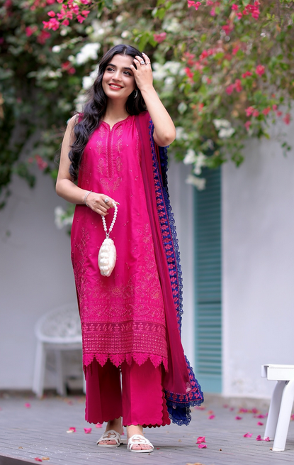 Republic Womenswear Luxury Lawn Embroidered 3 Pc Unstitched Suit Shocking Pink