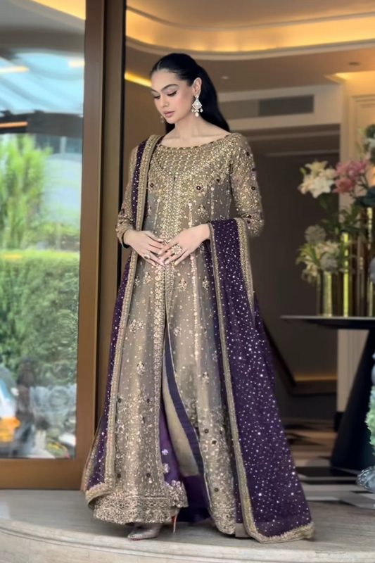 Haris Shakeel Luxury Formals Hand Embellished Addawork Wedding Collection-Tobbaco & Purple