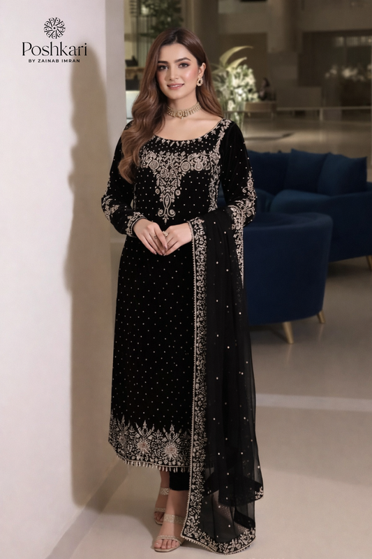 Poshkari Luxury Velvet Embroidered 3 Pc Unstitched Collection BLACK