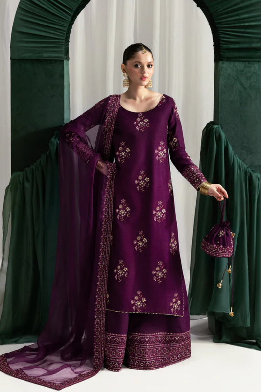 Zaib Luxury Wedding Festive Raw Silk Embroidered Unstitched Suit DEEP PLUM