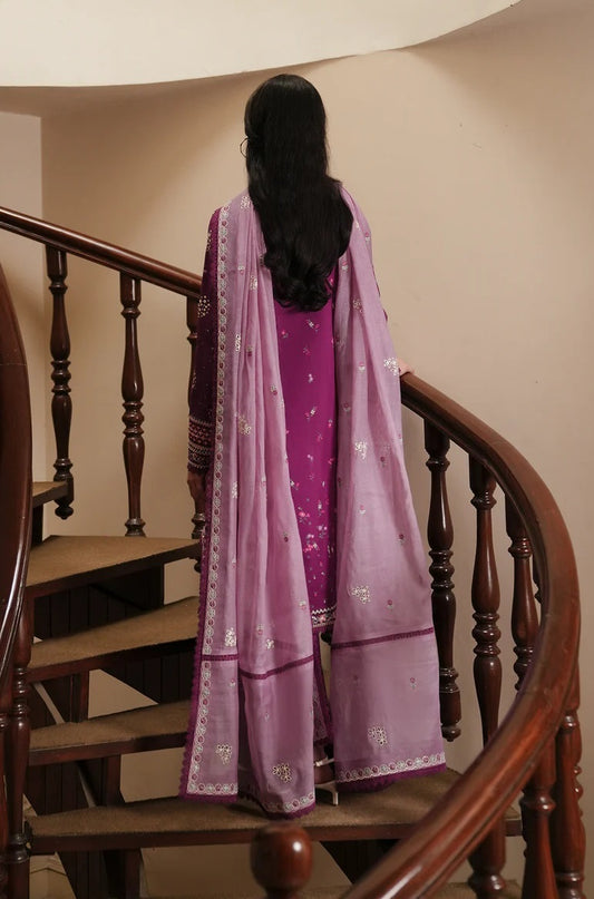 Afrozeh Luxury Lawn Embroidered Unstitched 3pc Suit-Lilac