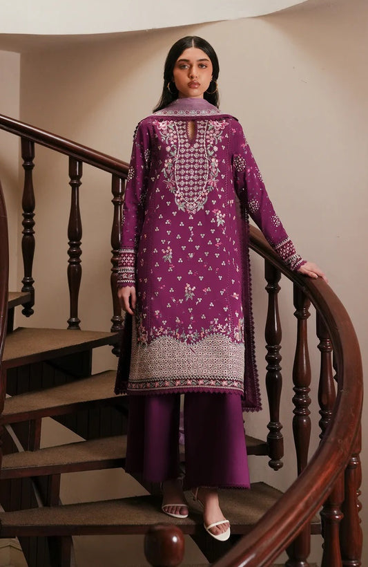 Afrozeh Luxury Lawn Embroidered Unstitched 3pc Suit-Lilac