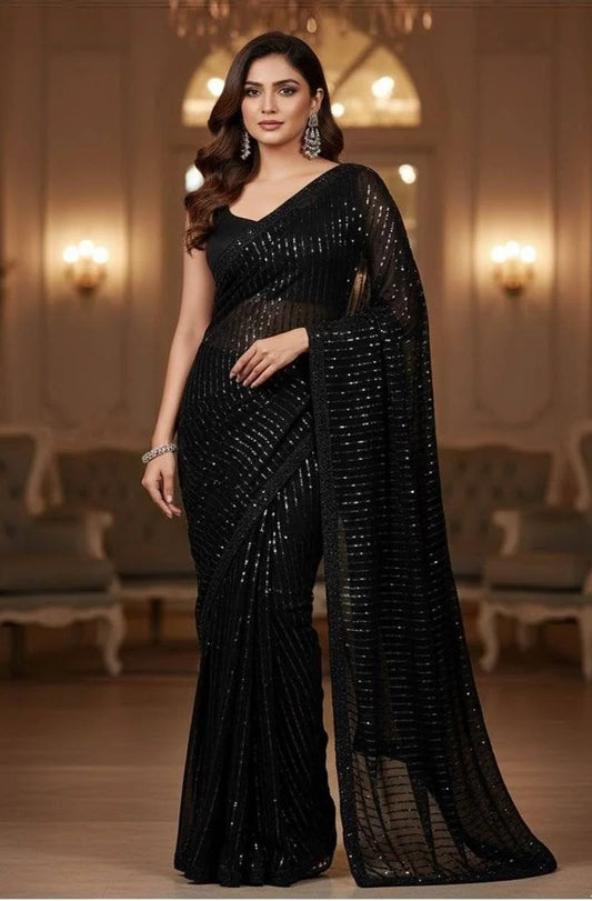 Pehnawa Luxury Chiffon Embroidered Saree Unstitched 3 Piece - Siyah