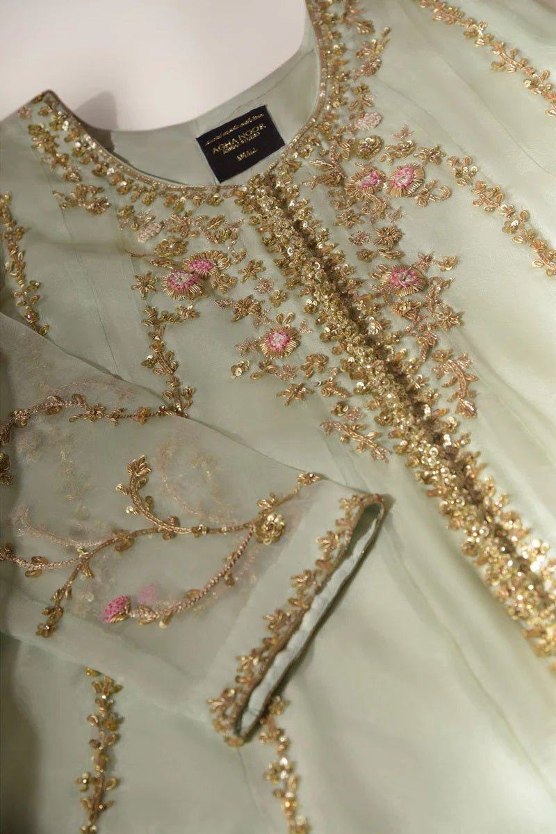 Agha Noor Mint Formal Organza Pink Peonies 3 Pieces Unstitched Luxury Collection