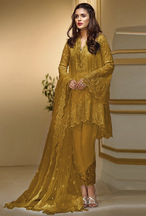 Anaya Wedding Festive Net Embroidered Unstitched 3 Pc Collection Mustard