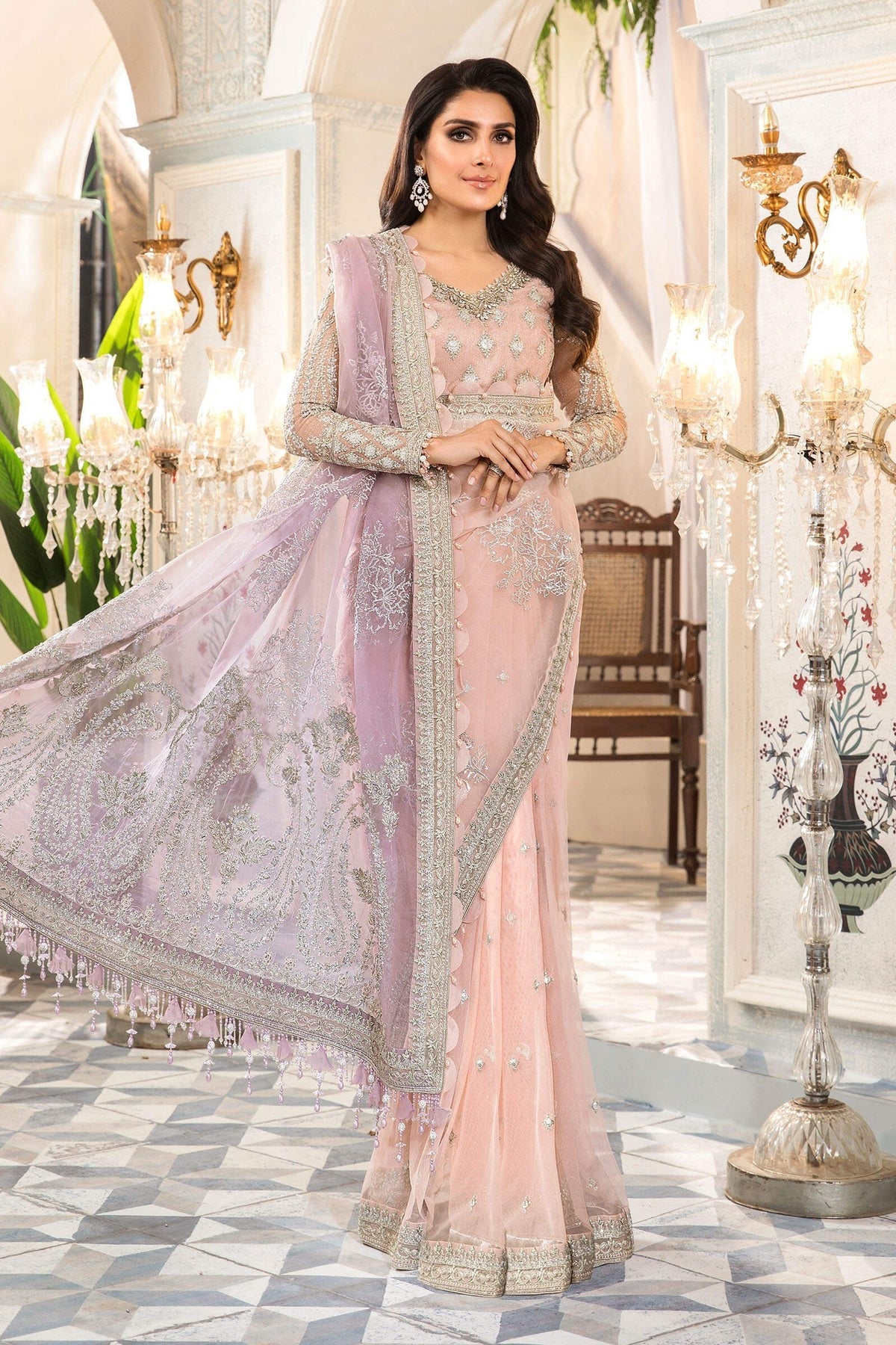 Maria.B Mbroidered Heritage Edition ROSE PINK & LILAC Unstitched Net Saree BD-2404