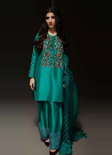 Muse Luxury Raw Silk Handmade Emerald Green Unstitched 3 Pieces With Potli
