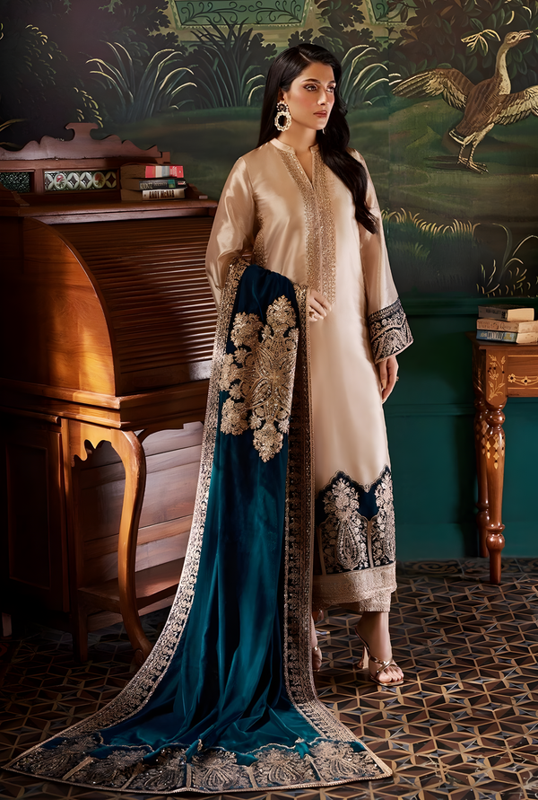 Zainab Chottani Skin Formal Brocade Tissue With 9000 MICRO VELVET SHAWL 3 PC - 09866