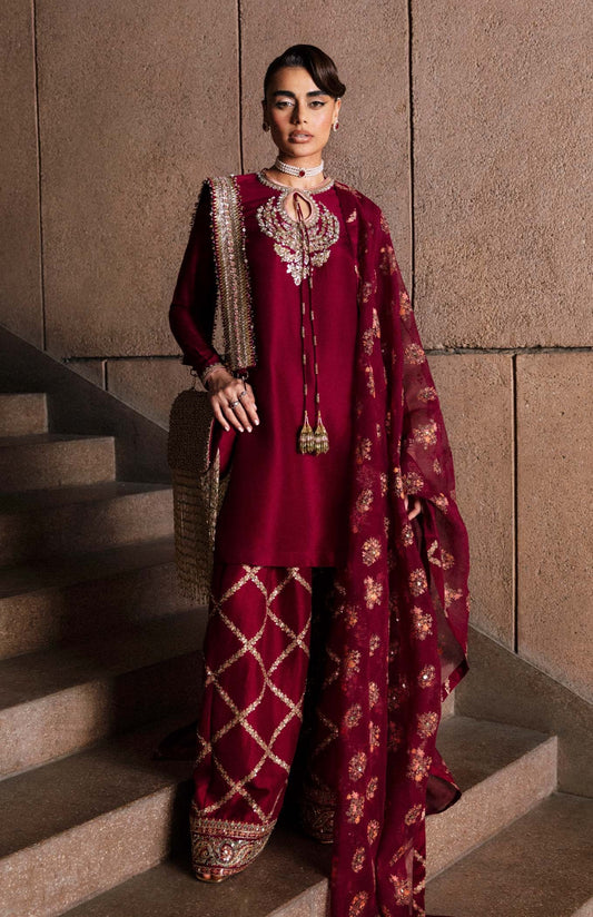 Hussain Rehar Luxury Raw Silk Hand Emblishment Collection MERLOT