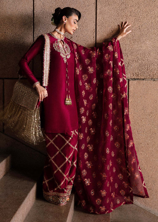 Hussain Rehar Luxury Raw Silk Hand Emblishment Collection MERLOT