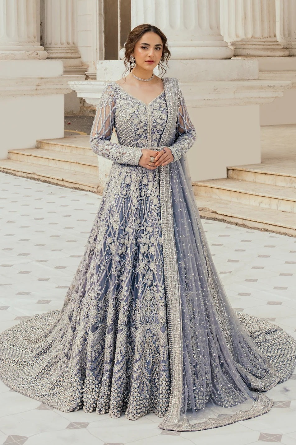 Erum Khan Wedding Festive Net Embroidered Ice Blue Bridal Maxi Unstitche EK-1357