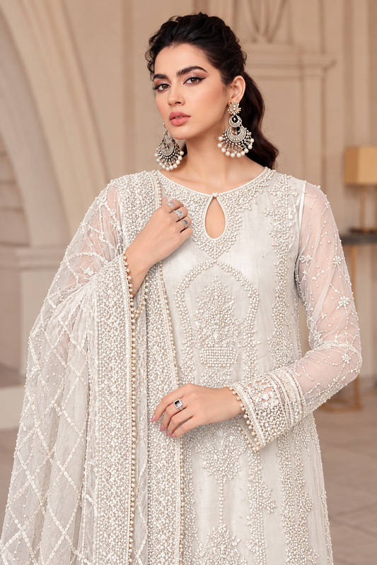 Mushq White Luxury Net Embroidered 3Pc Unstitched Suit PA-274