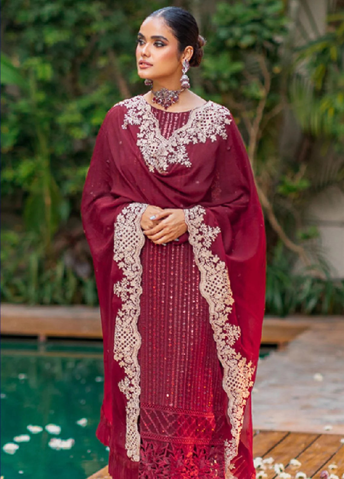 Luxe By Azure Embroidered sequence Chiffon Suits Unstitched 3 Piece AS-116 Crimson Rush - Festive Collection