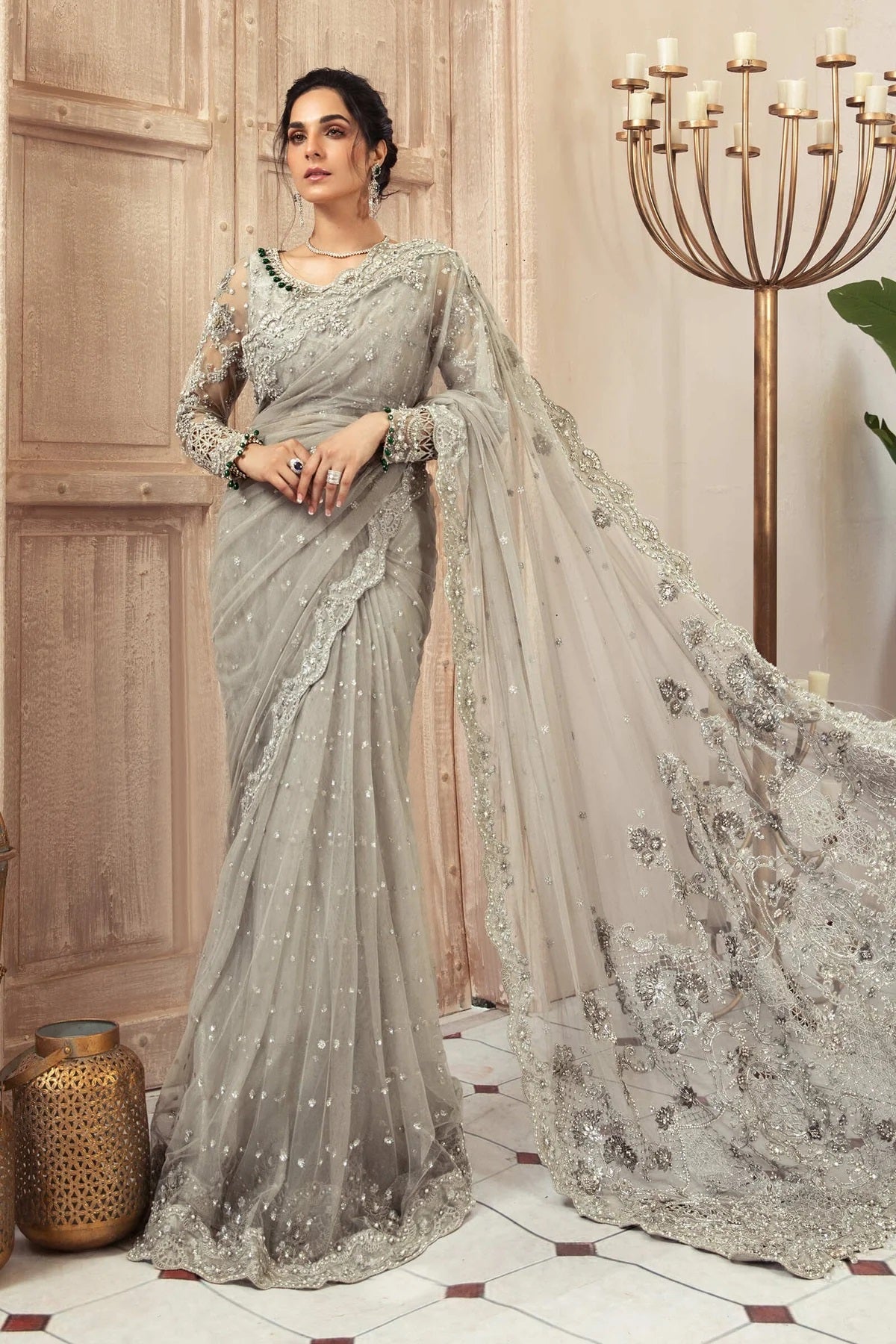 Maria.B Couture Net Embroidered Saree DRAPE GREY MC-037