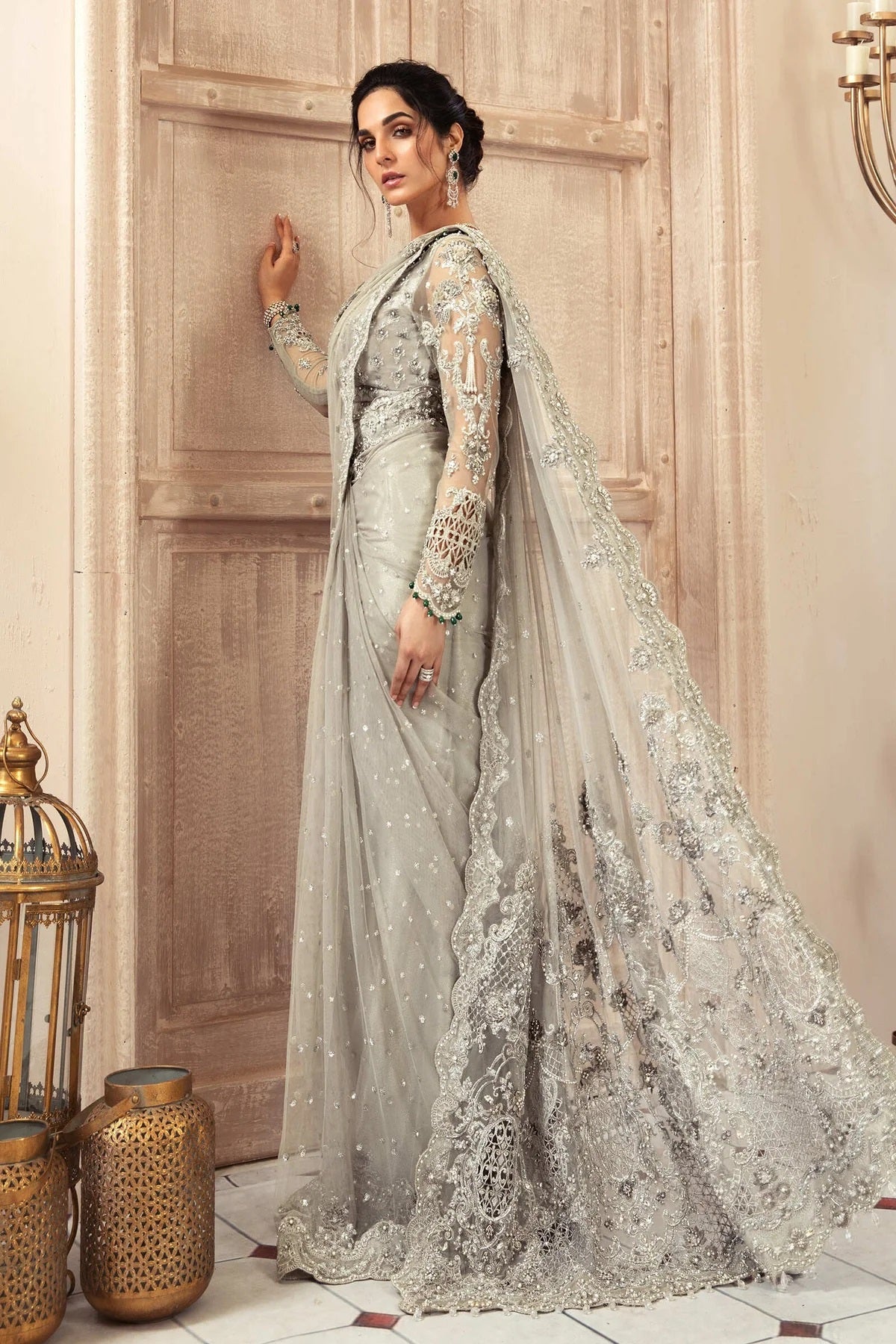 Maria.B Couture Net Embroidered Saree DRAPE GREY MC-037