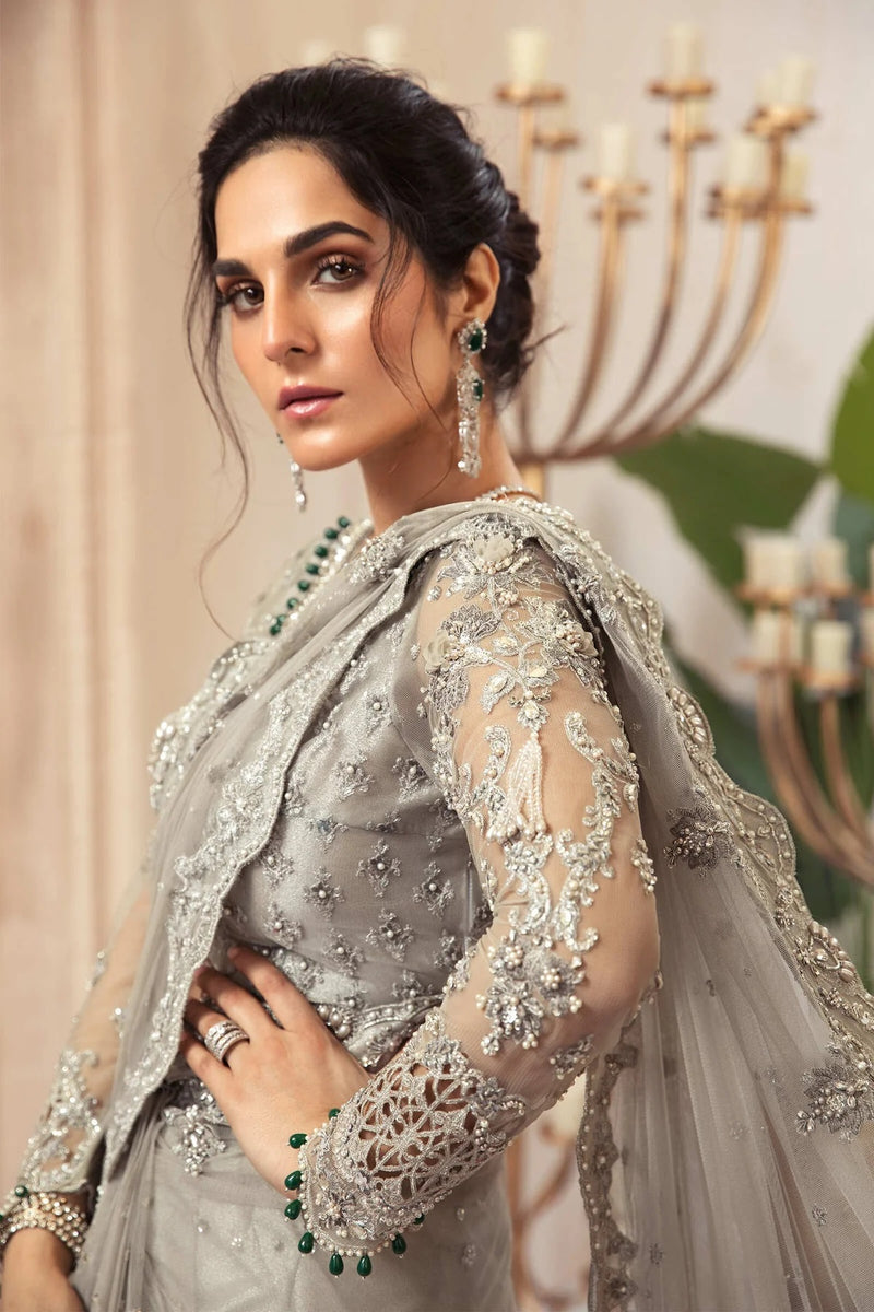 Maria.B Couture Net Embroidered Saree DRAPE GREY MC-037