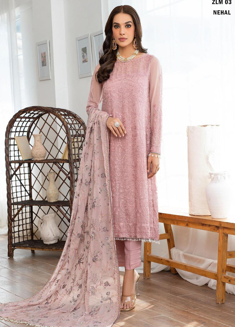 Meeral By Zarif Embroidered Chiffon Suits Unstitched 3 Piece ZF23MR ZLM 03 Nehal - Luxury Formal Collection