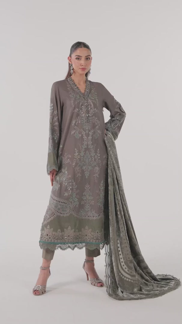 Maria.B Winter Luxe 3 Piece Unstitched Embroidered Woven Marina Suit DL-1209 With Palachi Shawl