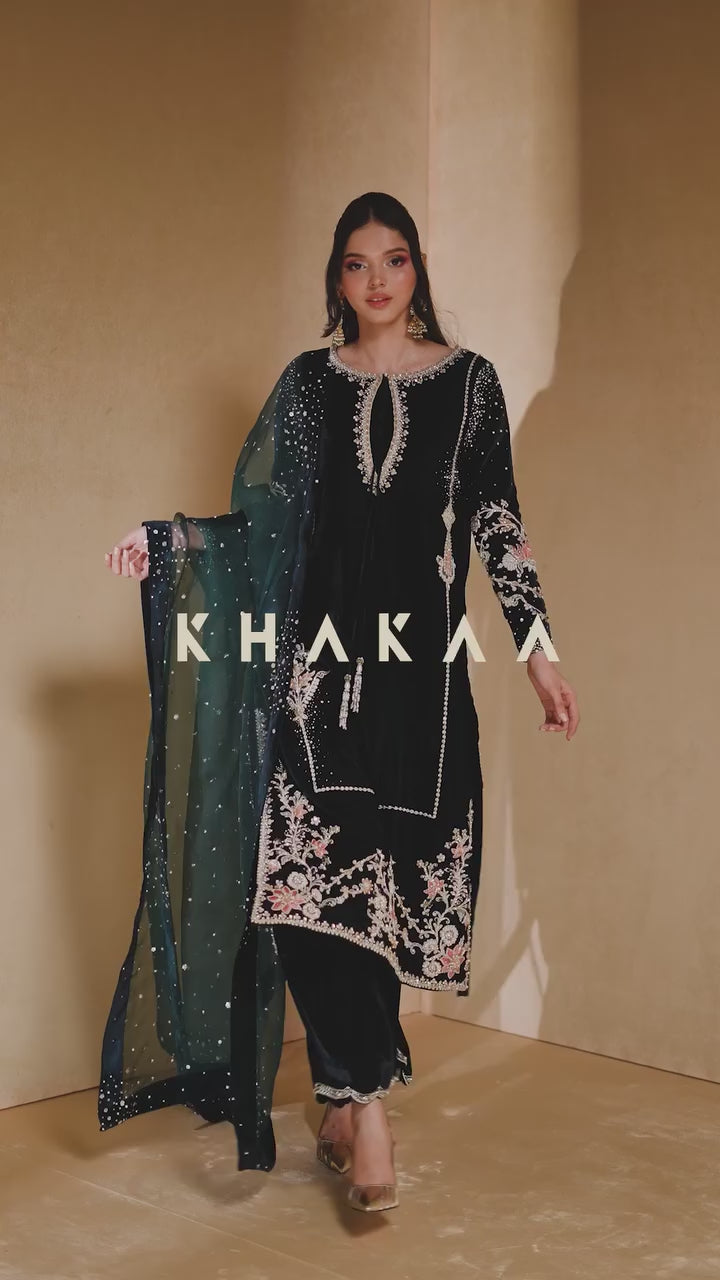 Pehnawa Black Formals Velvet Embroidered Collection IVY - KHAKAA