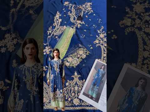 Ethnc ROYAL BLUE Luxury Silk Embroidered 3 Pc Unstitched Kaftan Suit PA-212