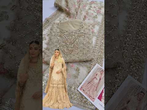 Maria.B Couture Ivory Gold MC-047 Luxury Chiffon Embroidered 3Pc Unstitched Suit Fully Hand Work PA-158