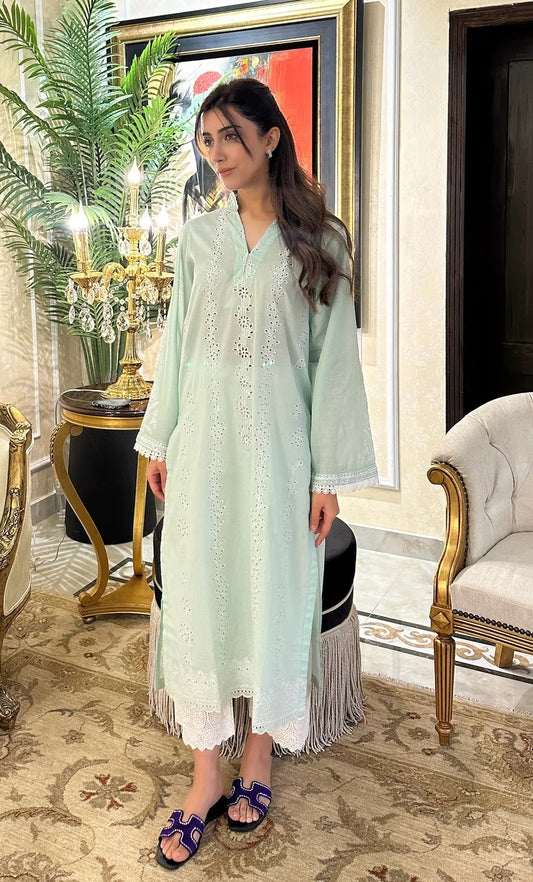 Naarj Luxury Lawn Embroidered 3 Piece Unstitched White Lily - Sage Green Schiffli Kurta