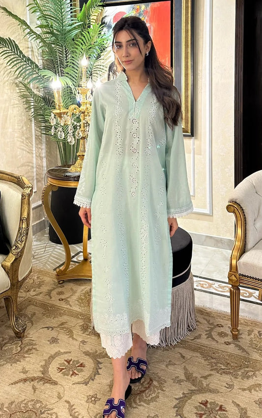 Naarj Luxury Lawn Embroidered 3 Piece Unstitched White Lily - Sage Green Schiffli Kurta
