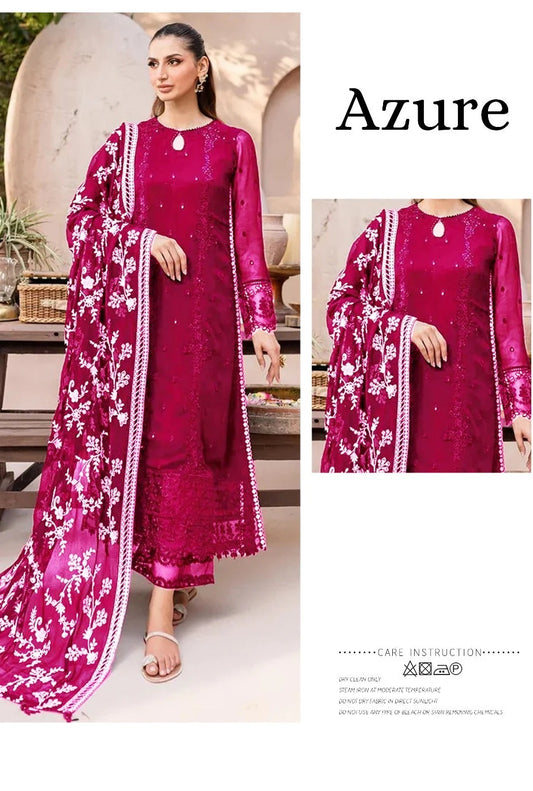 Azure Luxury Ensemble Chiffon Embroidered 3 Piece Unstitched - Starry Bliss