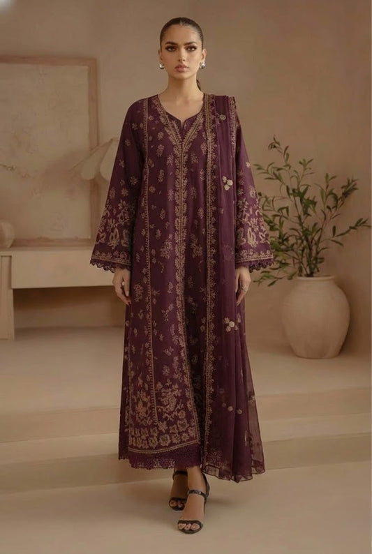 Afrozeh - Luxury Lawn Embroidered 3 Piece Unstitched - Maroon