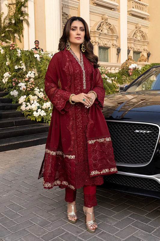 Azure Embroidered Chiffon Suits Unstitched 3 Piece D-03 VIBRANT RUBY - Luxury Collection