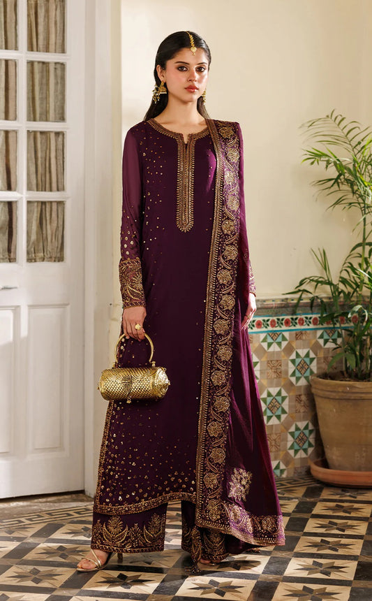 Iznik Luxury Chiffon Embroidered Unstitched 3PC Suit-Dark Plum