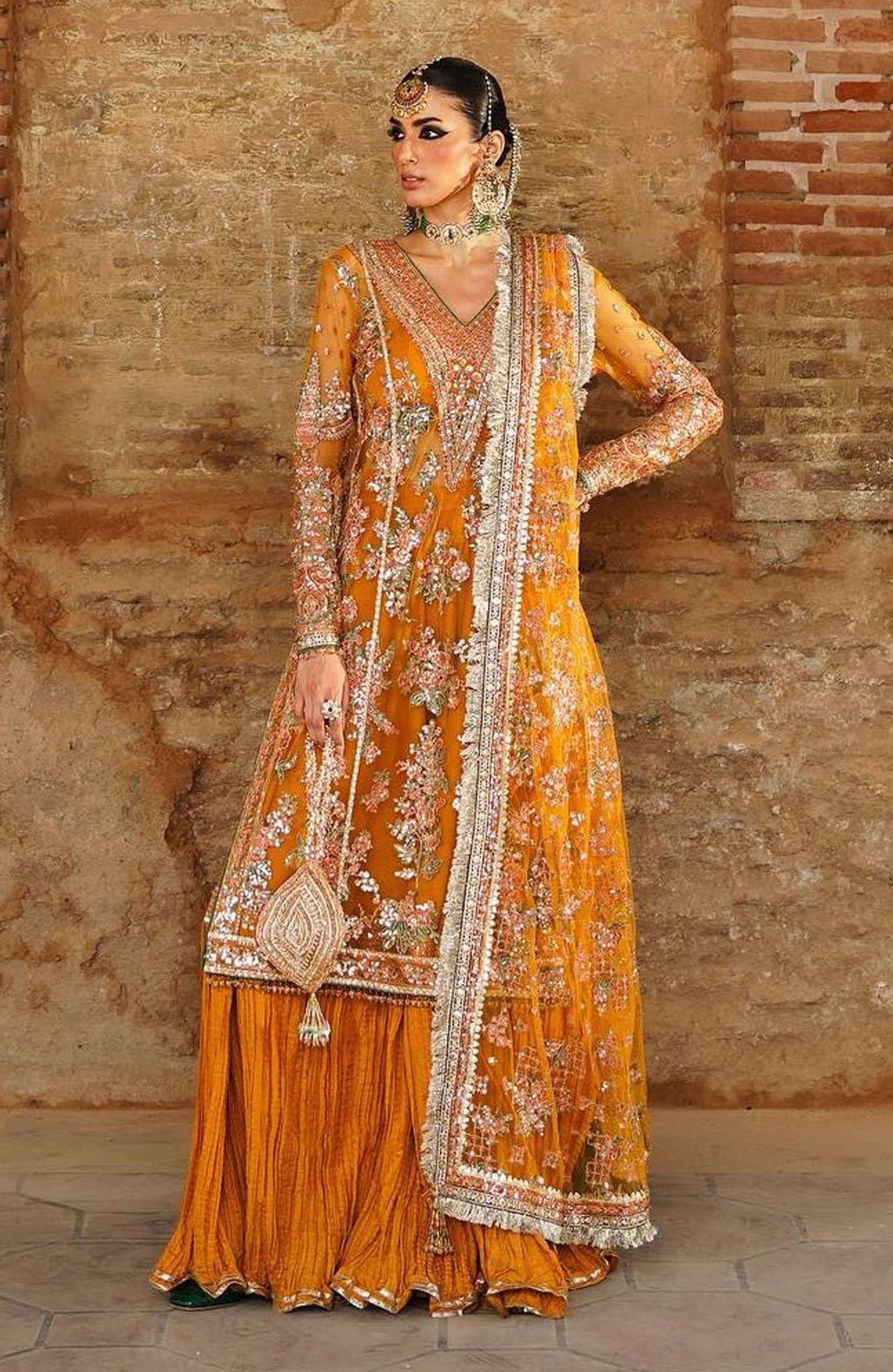 Zaib-un-Nisa by Hussain Rehar Embroidered Net Suits Unstitched 4 Piece HRR23ZN Saffron - Festive Collection